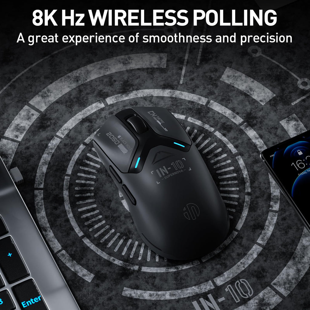 INPHIC IN10P Superlight Wireless Gaming Mouse, 60g, 8K Polling Rate, 26,000 DPI, Tri-Mode, PAW3395 Sensor, Fully Programmable