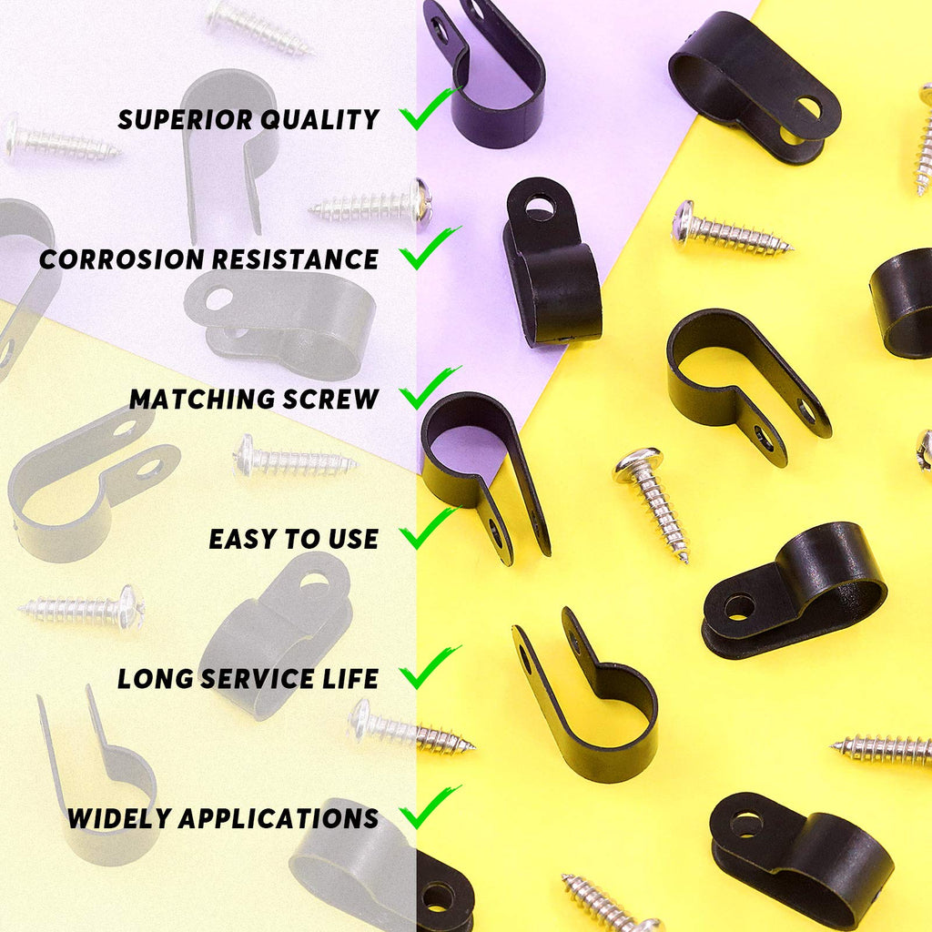 Swpeet 120 Pack Black 3/8 Inch Nylon Plastic R-Type Cable Clips Clamp Kit, Nylon Screw Mounting Cord Fastener Clips with 120 Pack Screws for Wire Management (3/8 Inch, Black)