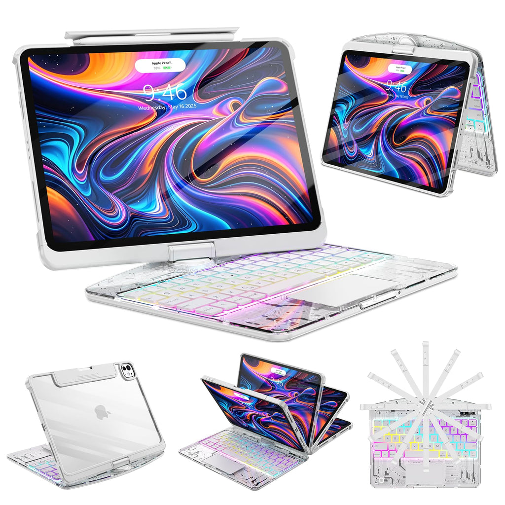 SIBEITU Keyboard Case for iPad Pro 13 Inch M5 2025 / M4 2024, Clear Wireless Keyboard iPad Pro 13inch Cover with Multi-Touch Trackpad, 7-Color Backlight & 3-Brightness, Visible PCB Tech Design, White