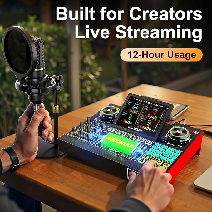 Audio Mixer, Sound Board for Pc/Phone Live Streaming Singing Gaming, Sound Mixer for 3.5mm/Xlr Dynamic/48V Microphone, Live Sound Card with DJ Mixer Effects & Voice Changer, Denoise, One Click Mute