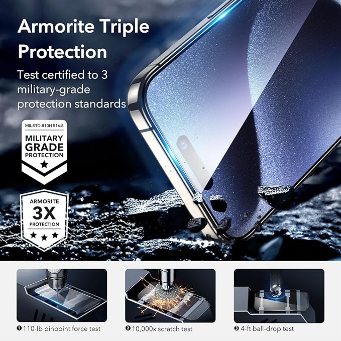 ESR 3+2 Pack for iPhone 15 Pro Screen Protector, [9H Hardness] [Military Grade Shatterproof] Full Coverage Ultra-tough Tempered Glass Film with Easy Installation Frame, 2 Set of Camera Lens Protector