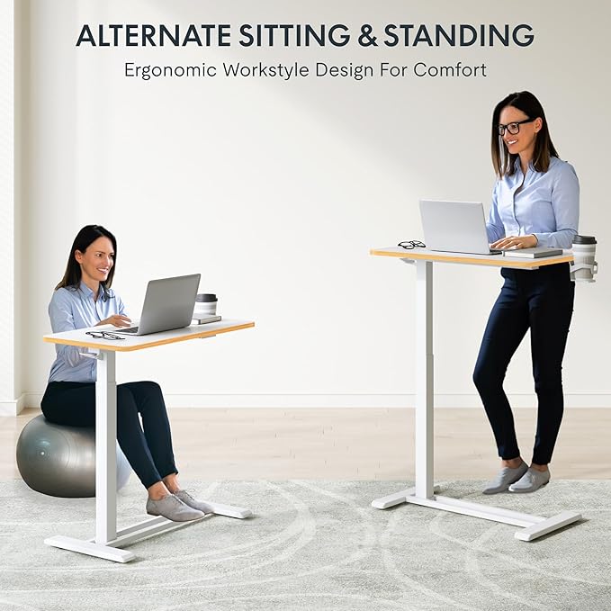 FLEXISPOT Mobile Standing Desk with Wheels Pneumatic Laptop Desk Rolling Computer Cart Movable Height Adjustable Small Sit Stand Desk Computer Workstations Home Use（27.6" W x 15.7" D,White+Maple