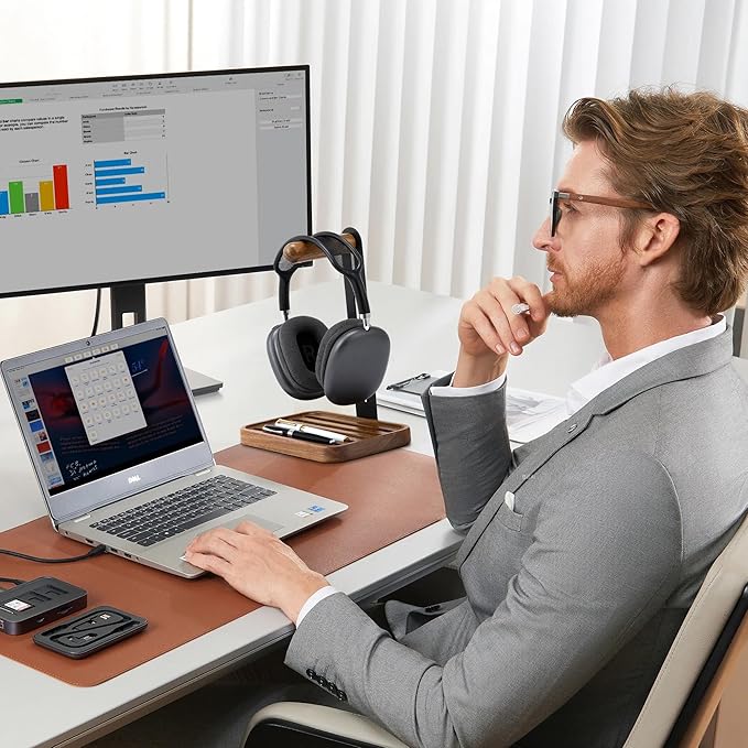Headphone Holder For Desk,Desk Headphone Mount Rack,Headphone Stand With Storage Base,Accessories Managment,Solid Wood,Matte Black