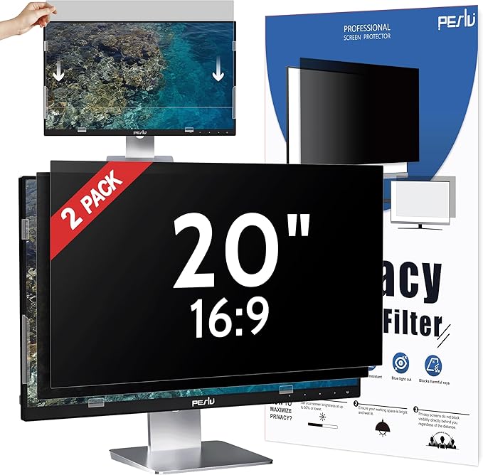 [2-Pack] 20 Inch Privacy Screen for Computer Monitor 16:9 Aspect Ratio, Eye Protection Anti Blue Light Glare Shield, 20inch Removable Black Blackout Anti Spy Desktop Security Private Filter