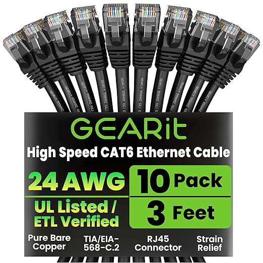 GEARit Cat 6 Ethernet Cable Pack - 10-Pack 3 ft Cat6 Ethernet Patch Cables | RJ45 Network Patch Cable, 10 Gbps Snagless Gold-Plated Connectors - Ethernet Cable Cat 6 for PC, TV, Router - Black
