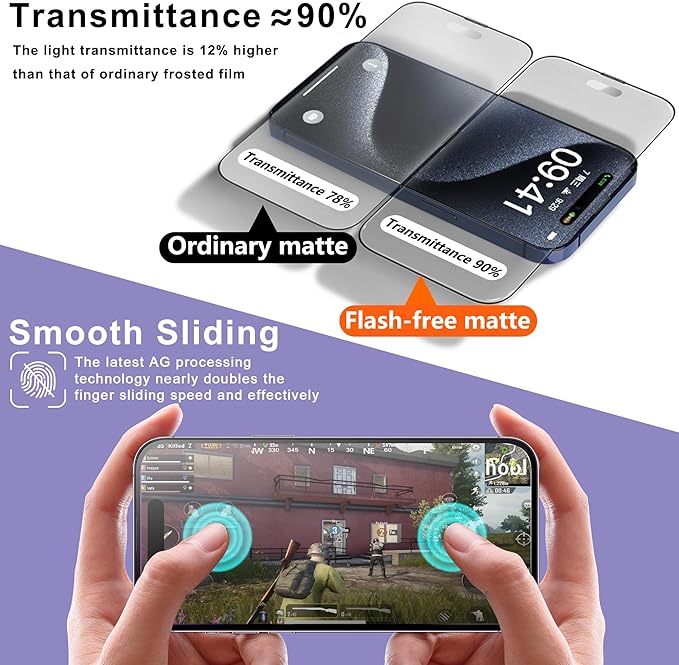 2 Pack Matte Screen Protector for iPhone 15 Pro, 9H Tempered Glass, Full Coverage, Anti-Fingerprint, Auto Dust-Elimination, No Bubble, Easy Installation