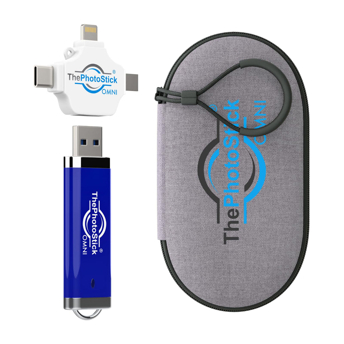 ThePhotoStick® Omni 256GB Photo Backup for iPhone, Android + Portable Case