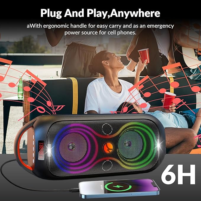 Portable Bluetooth Speaker with 120dB Loud Sound, Dynamic LED Lights, 5 RGB Modes, Bluetooth 5.3, USB/TF/AUX/FM/Mic Input/TWS, Built-in Handle, Party Speaker for Home, Outdoor, Party, Camping (RGB)