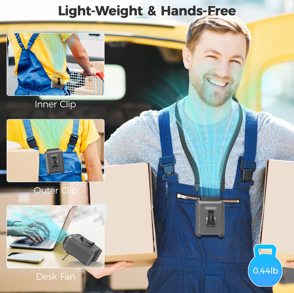 Portable Mini Waist Fan - Rechargeable Clip on Belt Wearable Body Fan, Max 25H Cooling, 3 Speeds 16000RPM Turbo Hands-Free Under-Shirt Neck Fan for Outdoor Jobsite Camping Traveling