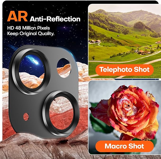 Camera Lens Protector for iPhone 15/iPhone 15 Plus/iPhone 14/iPhone 14 Plus, Aluminum Alloy Tempered Glass Camera Cover Screen, Anti-drop, Case Friendly- Black Titanium
