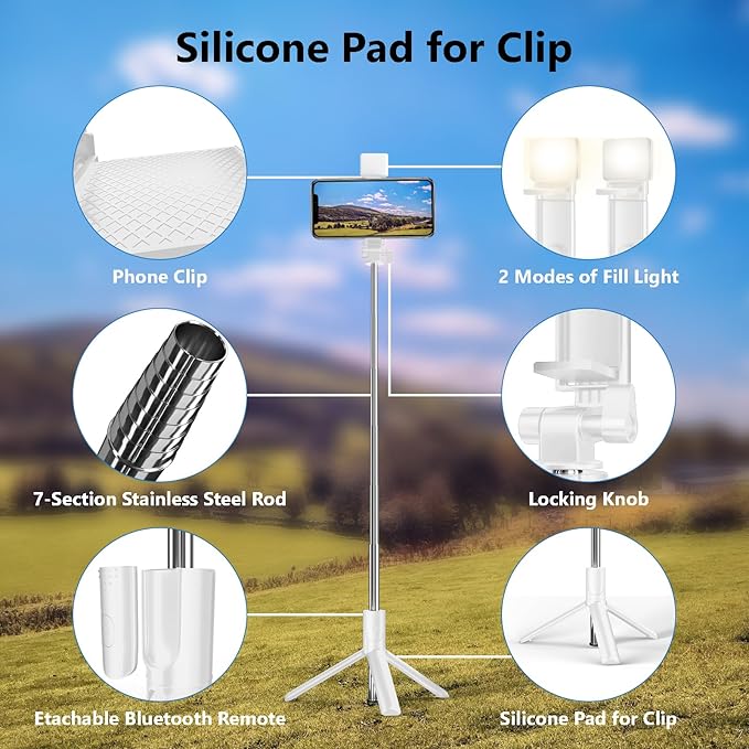 Selfie Stick Tripod, 40 in Retractable Tripod for iPhone with Wireless Remote Control & Light, Portable Phone tripods for Photograph, Live Streaming, Video Recording, Compatible with All Cellphones