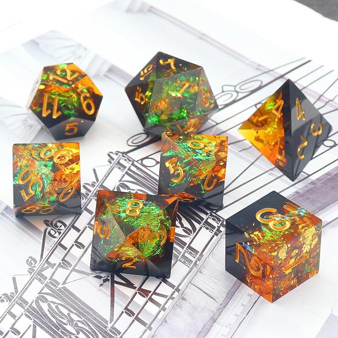 Haxtec Galaxy DND Dice Set Sharp Edge Dice with Dice Case Handmade Yellow Black Resin D&D Dice Set for TTRPGs Compatible with Dungeons and Dragons Gifts