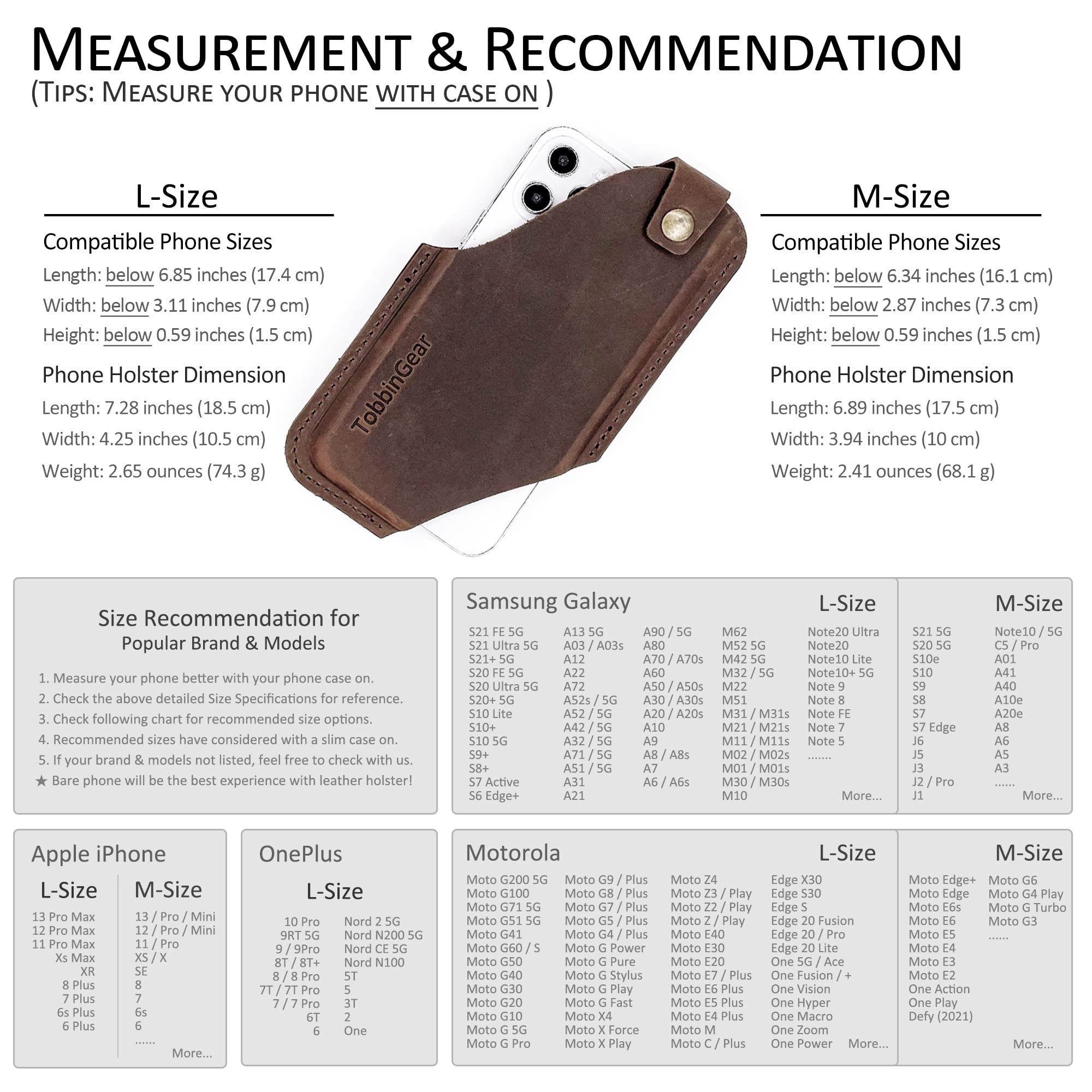 TobbinGear Leather Cell Phone Holster with Belt Clip, Universal Phone Holster for Men Belt Holder, Leather Case for iPhone, Samsung Galaxy Phones, Dark Brown, Large