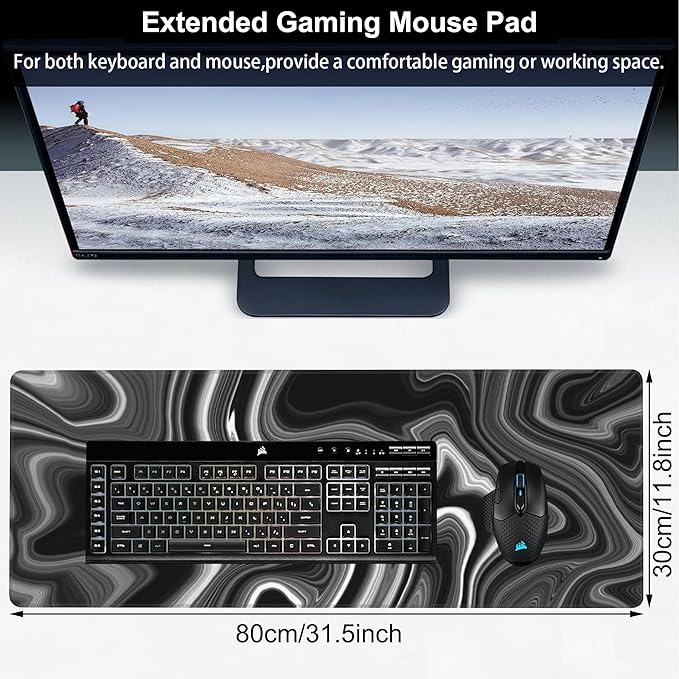 Black and White Marble Desk Mat,Large Marble Ink Texture Gaming Keyboard Mouse Pad,Non-Slip Rubber Base Desk Pad Thick Stitched Edges Waterproof Mousepad Mouse Mat 31.5"x11.8"