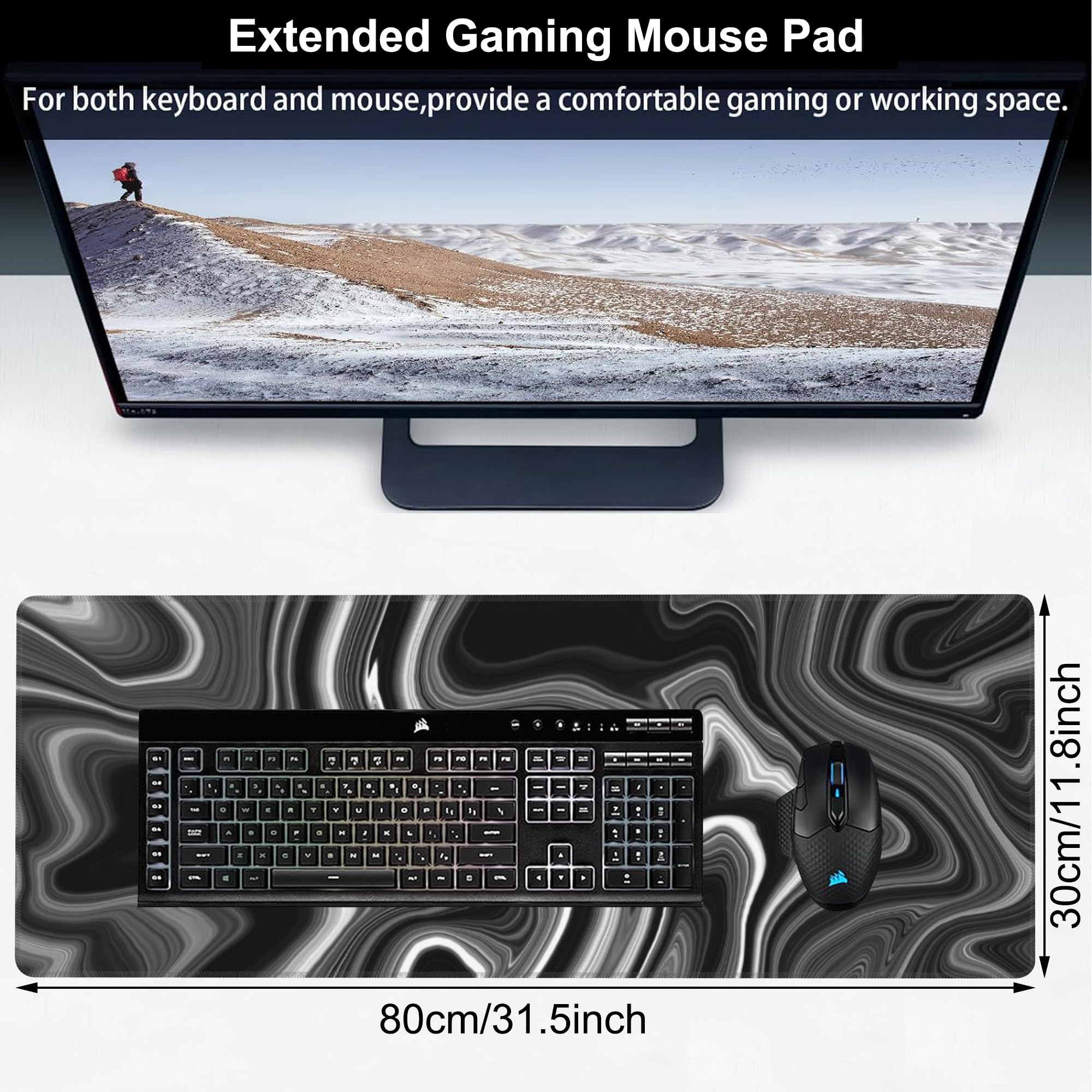 Black and White Marble Desk Mat,Large Marble Ink Texture Gaming Keyboard Mouse Pad,Non-Slip Rubber Base Desk Pad Thick Stitched Edges Waterproof Mousepad Mouse Mat 31.5"x11.8"