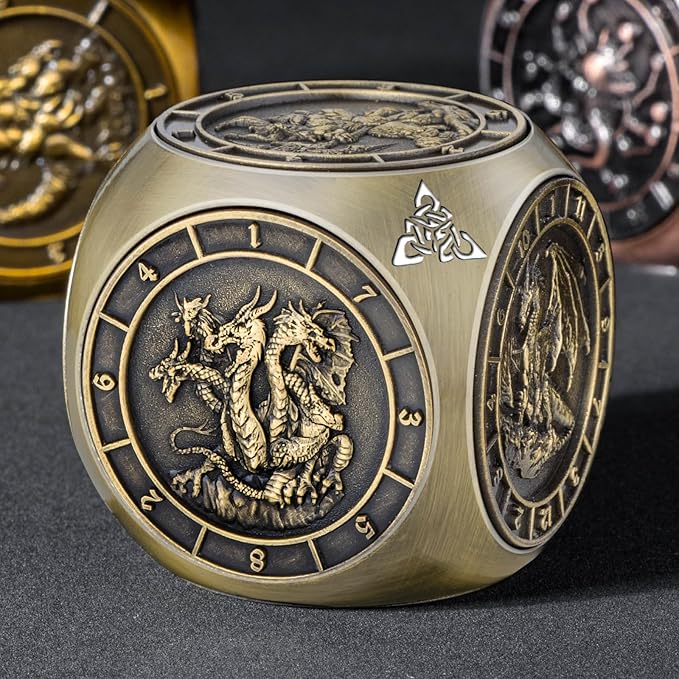 7 in 1 D6 Spinner DND Dice Set D&D, Metal Cube D and D Dice with Gift Box, Dungeons Dragons Role Playing Dice, Bronze