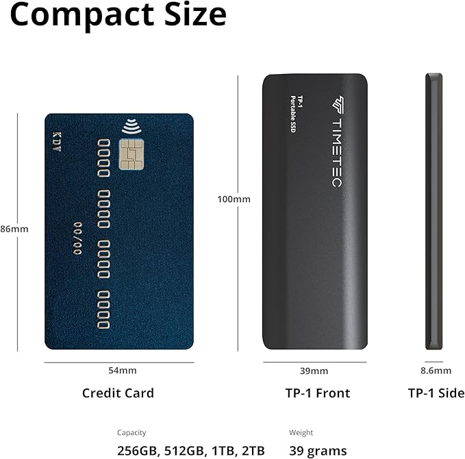 Timetec 512GB Portable External SSD USB3.2 Gen2 Type C Up to 550MB/s Ultra-Light Aluminum Mini External Solid State Drive with USB C to A Cable/USB A to C adapter for Desktops/Laptop/Mac/Mobile- Black