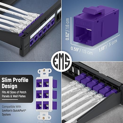 Everest Cat6 RJ45 Keystone Coupler (12-Pack) - Purple - Female to Female - Ethernet Coupler - Cat 6 Compatible with Cat5e