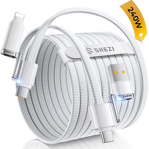 SHEZI 4-in-1 USB C Cable Compatible with Lightning Cable 240W Fast Charging & Data Transfer, Support to CarPlay & Android Auto, 5FT Multi Cords Charger for iPhone/iPad/Samsung/MacBook, White