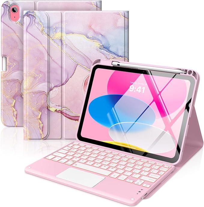 MoKo Touch Keyboard Case for iPad (A16) 11th Generation 11 inch 2025, iPad 10th Generation 10.9 inch Case with Pencil Holder, 7 Colors Backlit Multi-TrackPad Detachable Bluetooth Keyboard, Pink Marble