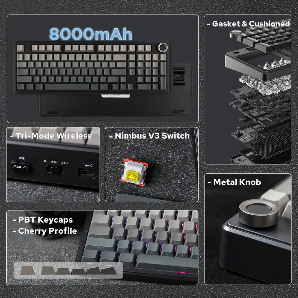 EPOMAKER Aula F99 MAX Wireless Mechanical Keyboard, Smart Screen & Knob, 8000mAh, 2.4Ghz/BT Creamy Keyboard, Pre-Lubed Switch, Hot-Swappable, RGB Backlit, Custom Software (Black Gradient)