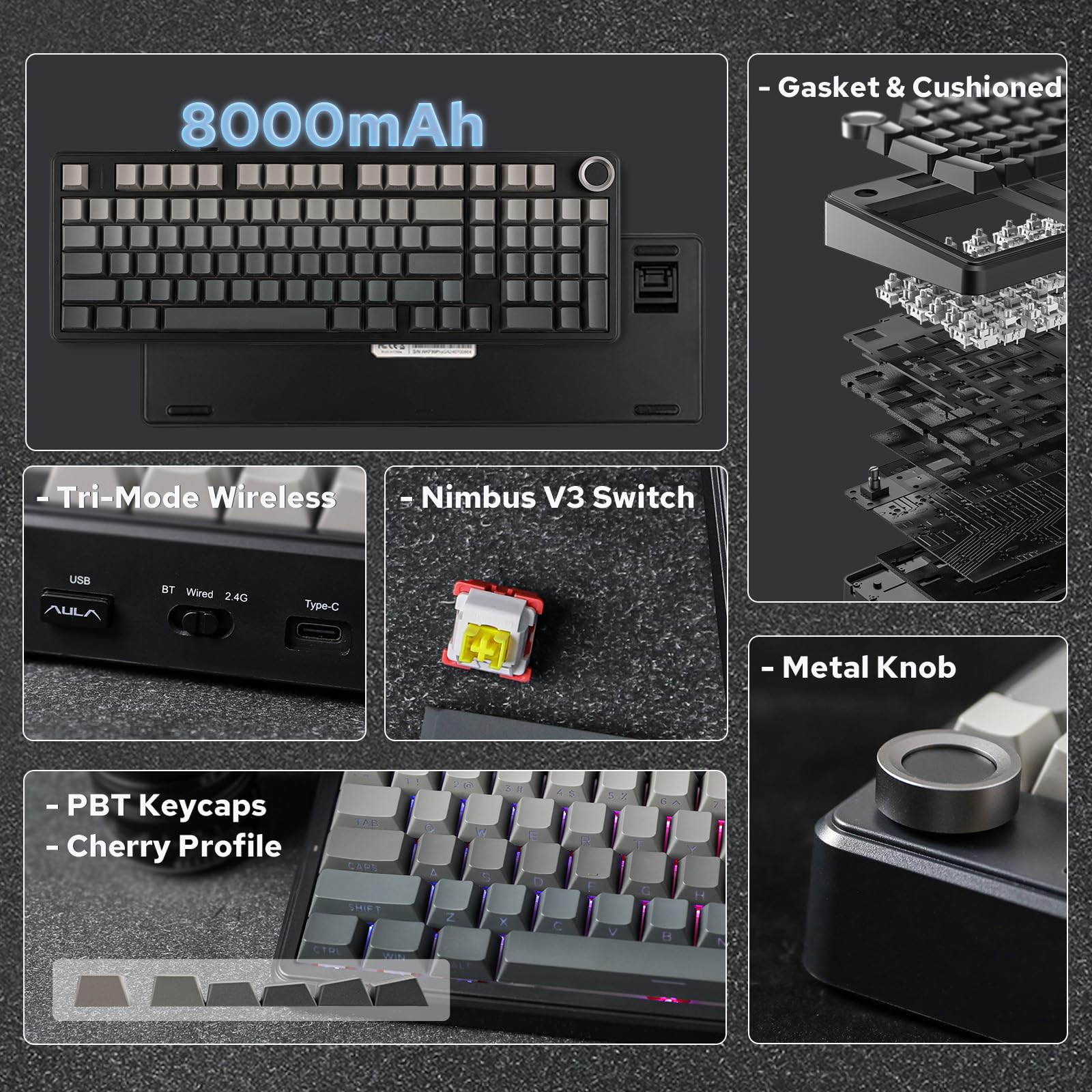 EPOMAKER Aula F99 MAX Wireless Mechanical Keyboard, Smart Screen & Knob, 8000mAh, 2.4Ghz/BT Creamy Keyboard, Pre-Lubed Switch, Hot-Swappable, RGB Backlit, Custom Software (Black Gradient)