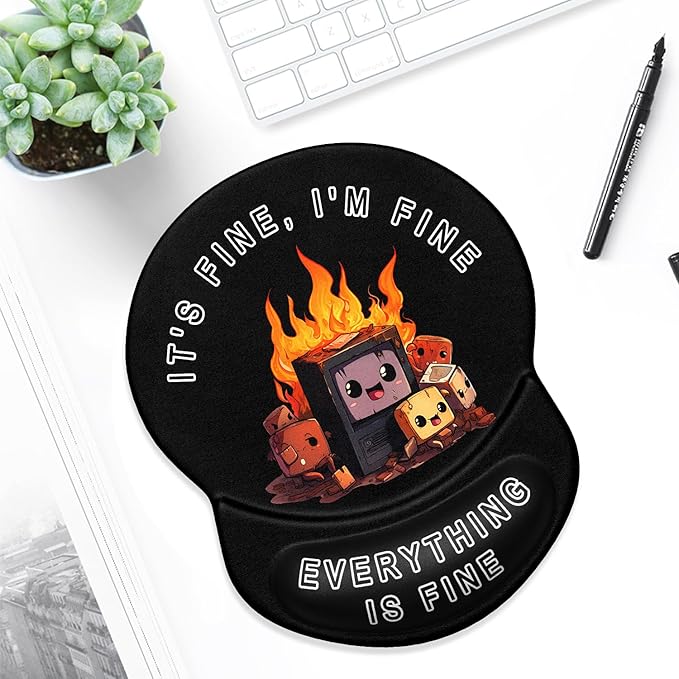 ITNRSIIET Ergonomic Mouse Pad with Gel Wrist Support Small Wrist Rest Smooth Surface Non-Slip PU Base Comfortable Office Supplies Pain Relief, 8.7 x 7.2 inches, Funny Burning Box