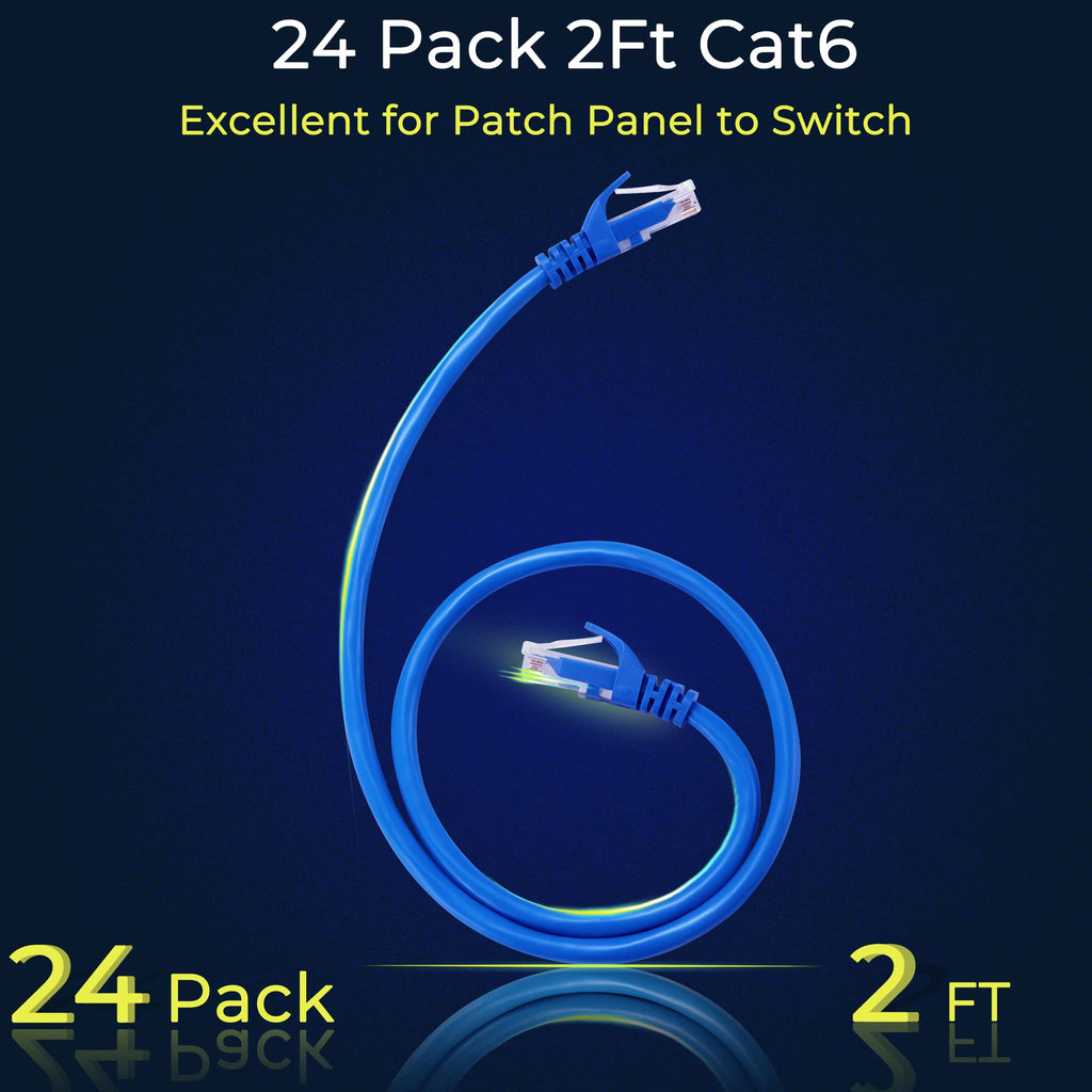Rapink Patch Cables Cat6 2ft (24 Pack), Ethernet Patch Cable 10G, Cat 6 Patch Cable for Patch Panel to Switch, Flexiable Cat 6 Ethernet Cable with Gold Plated Blue