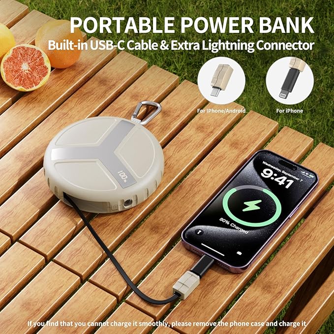 Vivilumens Power Bank Portable Charger 10,000mAh Retractable 25.5 in Built-in Cable Fast Charging Battery Pack USB-C for iPhones Galaxy Laptop with Flashlight&Carabiner for Camping Backpacking Travel