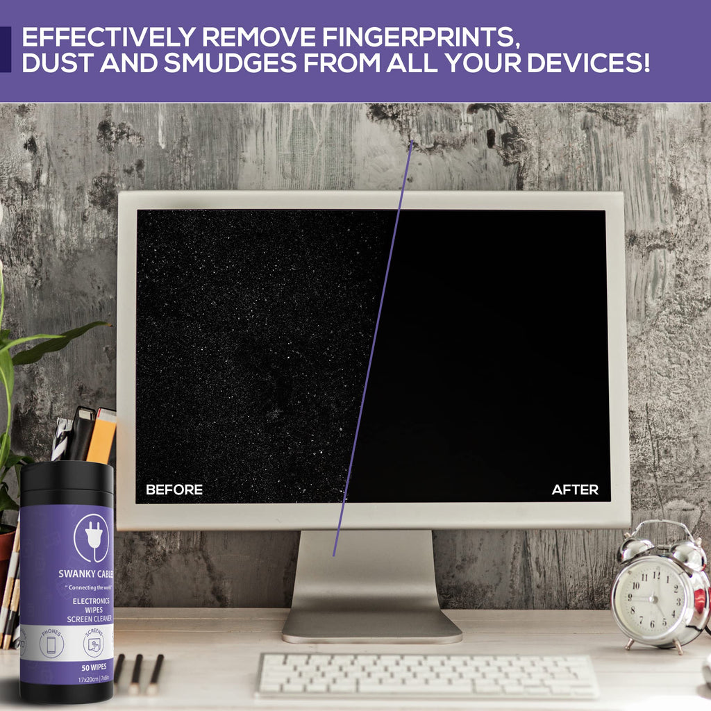 Swanky Cables Electronic Cleaning Wipes - Computer, TV, Monitor, Phone, Laptop, Tablet, Keyboard, Camera & Lens Cleaner, Portable Tech Screen Cleaner - With Microfiber Cloth - Canister, 150 Count