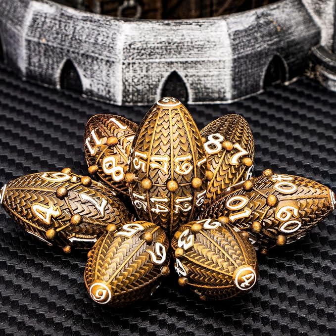 ARUOHHA DND Metal Dice Antique Gold Dragon Egg Dice with Metal Box, Role Playing Game RPG Polyhedral D and D Dice Set D20 D12 D10 D8 D6 D4