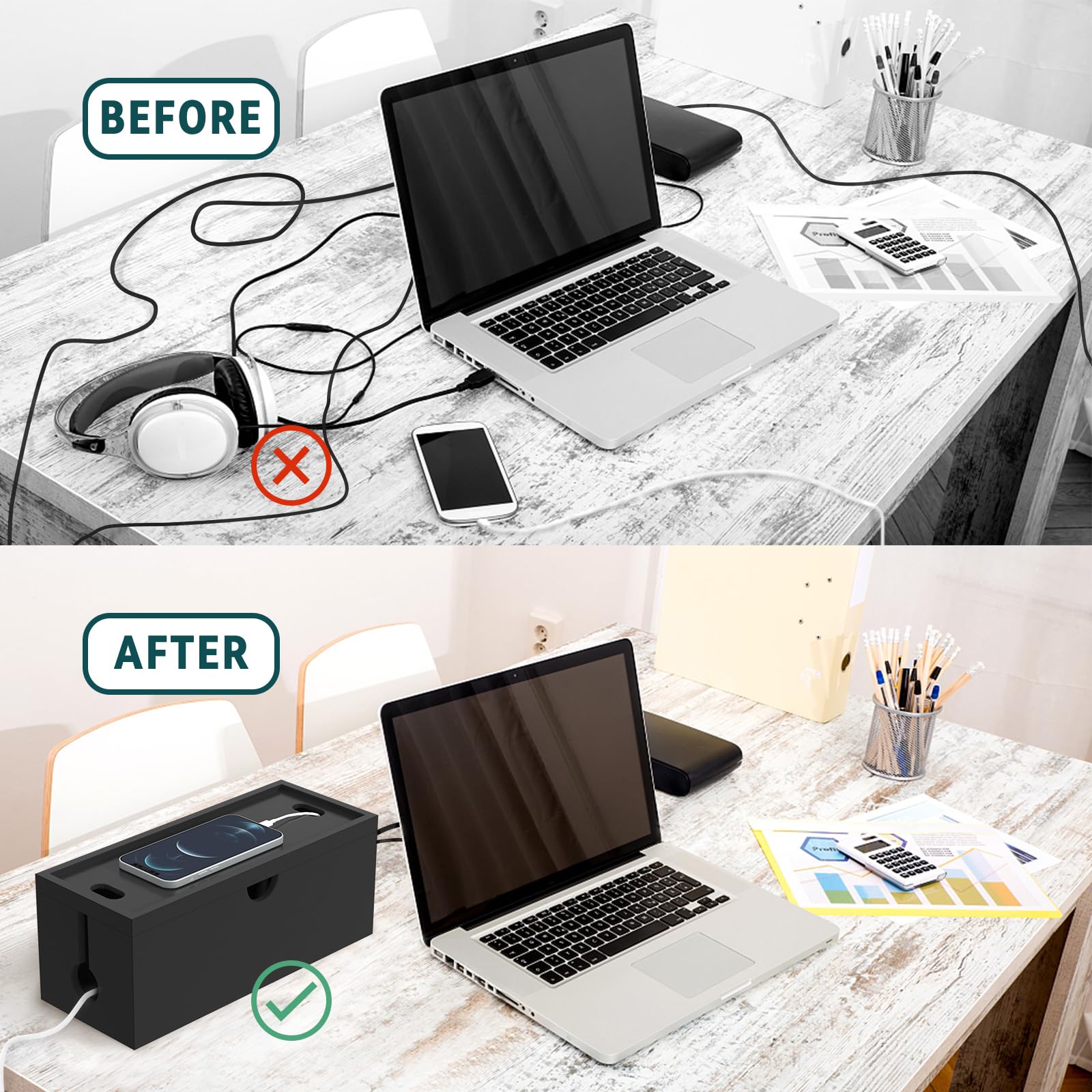 Bamboo Cable Management Box, Large Cord Organizer Box Cable Box to Hide Wires & Power Strips for Desktop Storage Cord Holder for Office Home,No Assembley Required (All Black, 1Medium)