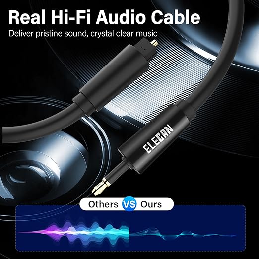 Elecan Mini Toslink to Toslink Digital Optical S/PDIF Audio Cable 35 Ft, Gold Plated Soft Flexible Fiber Optic Cable,Signal Protection PVC,Surround Sound for Soundbar,Home Theater,Hi-Fi System+Ties MI