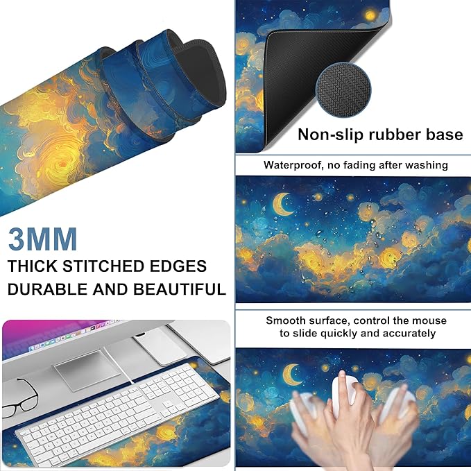 Gaming Desk Pad Large Extra Length Night Sky Mouse Pad Keyboard Laptop Non-Slip Waterproof with Rubber Base Thick Stitched Edge Mouse Mat for Office Home 35.4 x 15.7 Inches