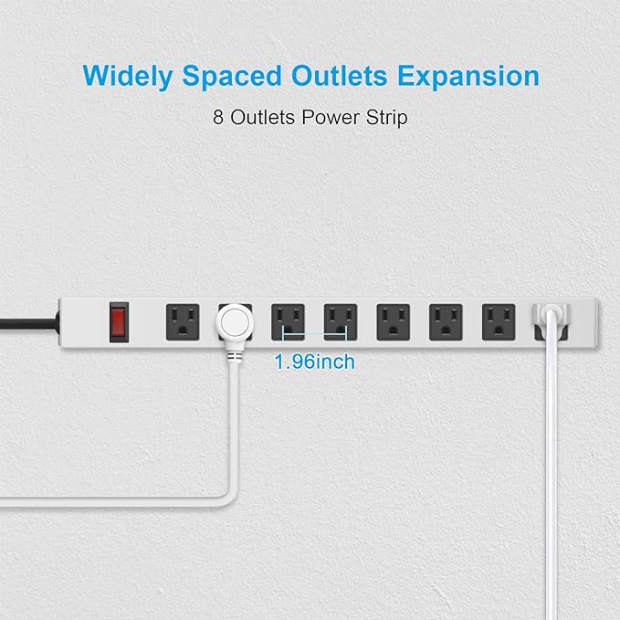 JUNNUJ Metal 8 Outlet Power Strip, Mountable Heavy Duty Power Strip, 1200J Surge Protector Wall Mount Screws Outlet with Switch, Gaming Desk Strips Wide Spaced 15A 125V 1875W, 15 FT 14AWG Power Cord