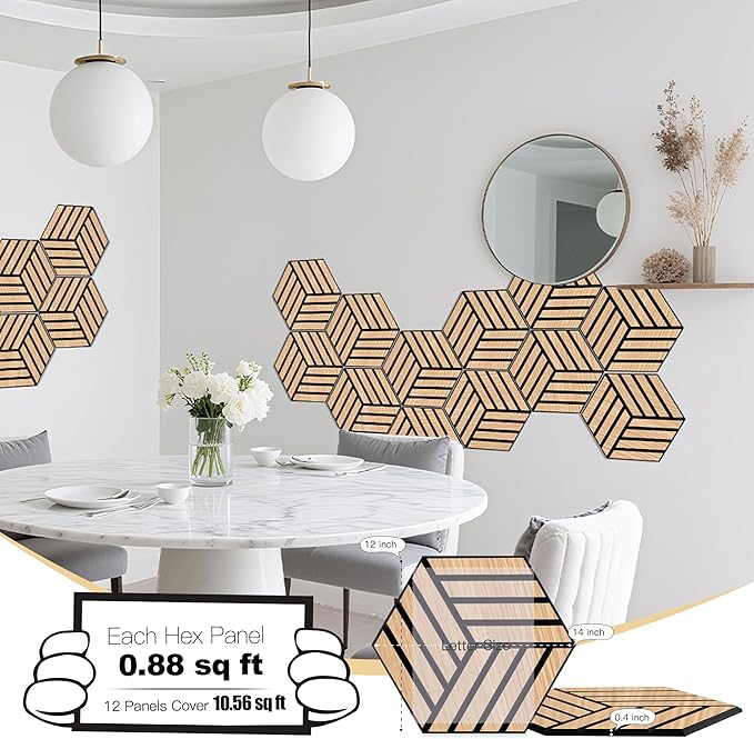 Mollywell Hexagon Acoustic Panels, Natural Oak TH4, 14x12x0.4 Inch, 12 Pack |Wood Veneer|High Density Sound Proofing Wall Panels|Self Adhesive Sound Dampening Felt Wall Tiles|Home Theater|Gaming Room|