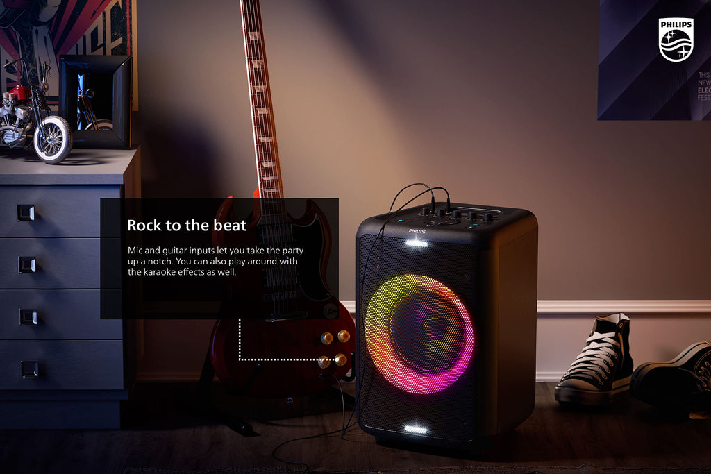 Philips X3206 Bluetooth Party Speaker - 14 Hours Play Time, Deep Bass, Party Lights, Karaoke Effects, Mic & Guitar Input, 80W Max Power, Black