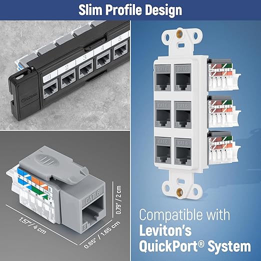 Everest 45° Angled RJ45 Cat6 Keystone Jacks 100-Pack in Gray - Slim Profile Female RJ45 Connectors - Cat 6 Keystone Jack - Compatible with 45° Angled Speed Termination Tool - 45Term (B0BL3GS7ZY)