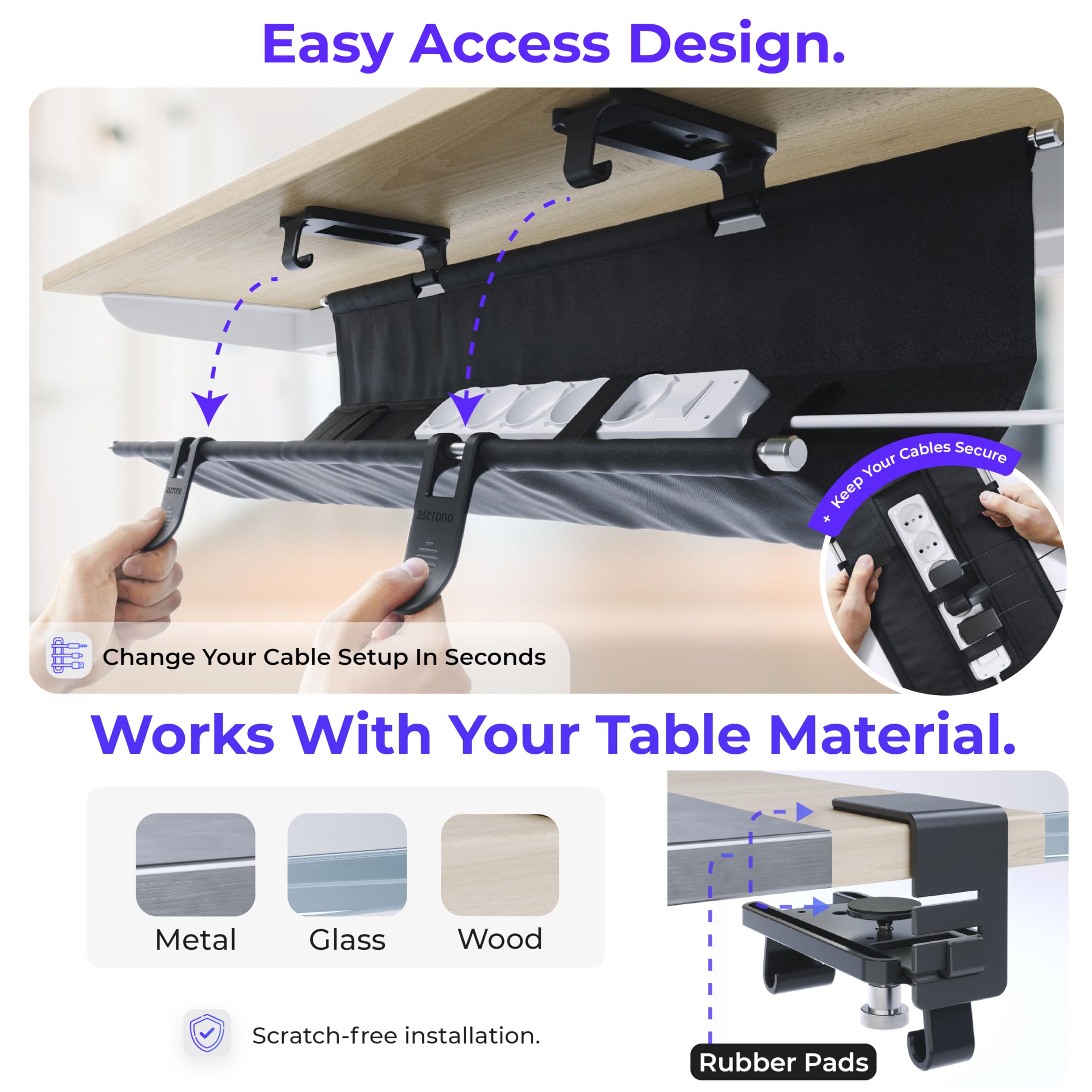 Ascrono Original No Drill Under Desk Cable Management Tray 40.6" - Premium Black Fabric Cable Management Under Desk - Clamp/Screw Mount Cord Organizer - Supports Upto 66lbs - Large
