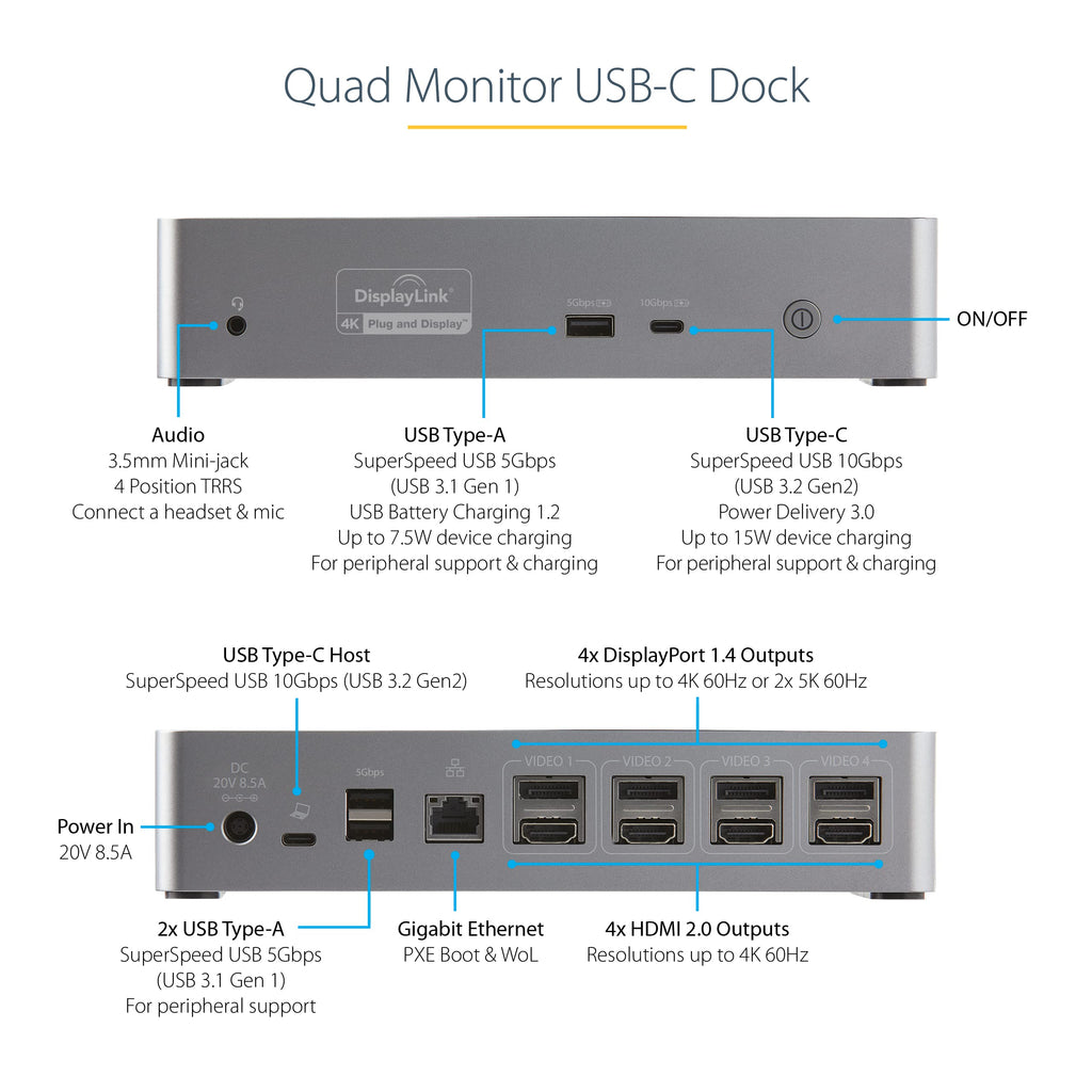 StarTech USB-C Quad 4K Dock, MacBook Pro/Air M1-M4 & Windows, 100W, DP HDMI