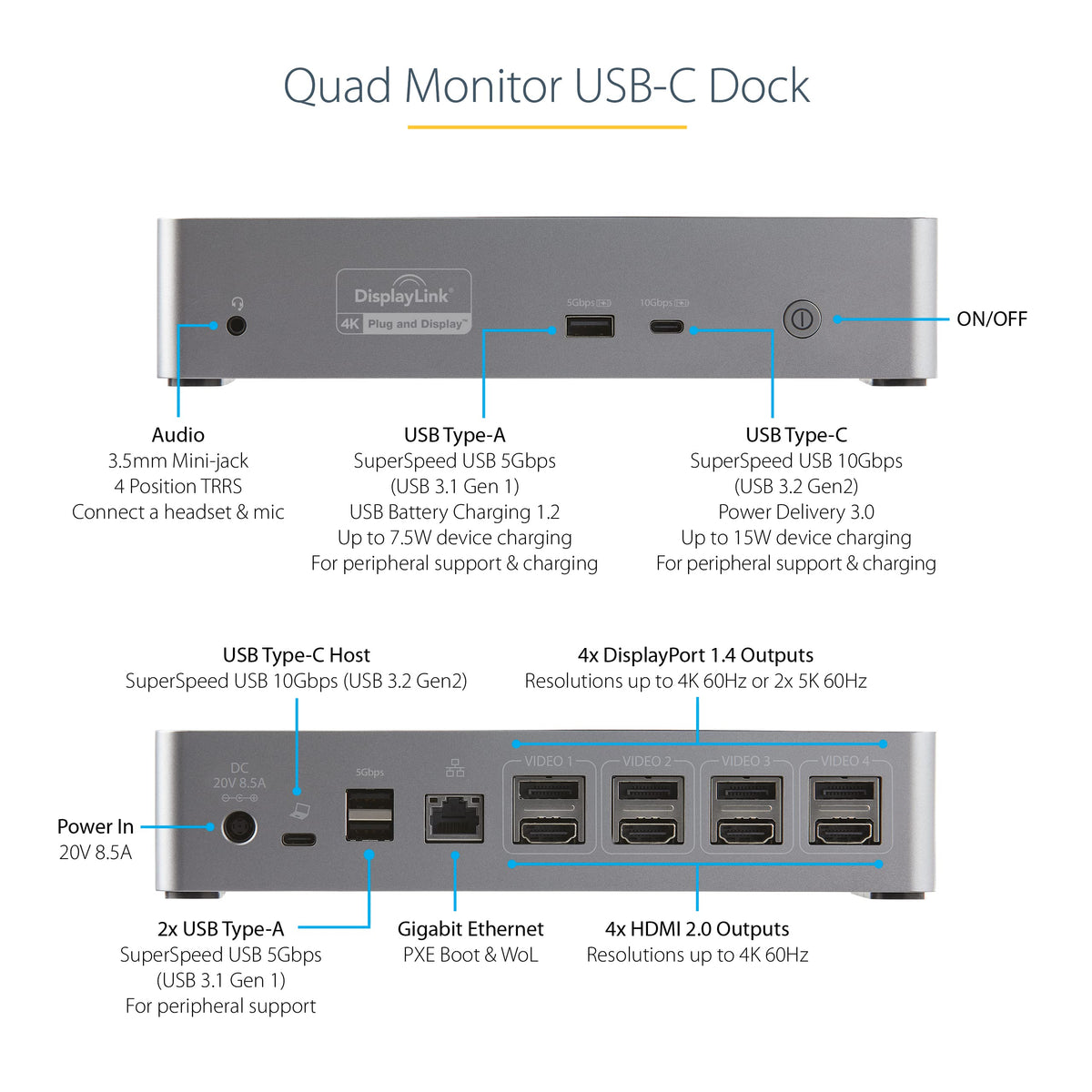 StarTech USB-C Quad 4K Dock, MacBook Pro/Air M1-M4 & Windows, 100W, DP HDMI