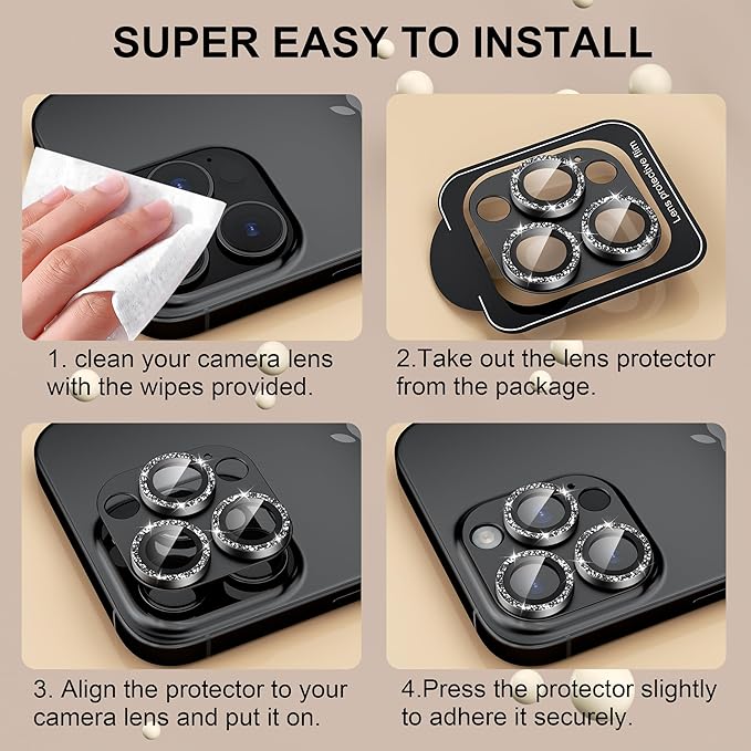 beuxece Compatible for iPhone 16 Pro/iPhone 16 Pro Max Camera Lens Protector, Bling Metal Tempered Glass Camera Screen Cover Accessories [Strong Adsorption][Case-Friendly]- Glitter Titanium Black