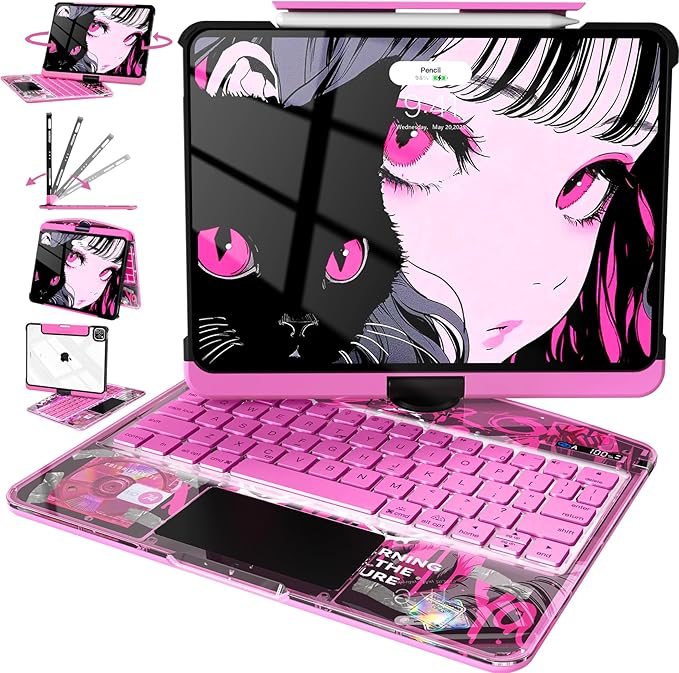 Intermerge Clear Keyboard Case for iPad Air 13" (M3/M2, 2025/2024) & Pro 12.9" (2022-2018) - 360° Rotatable Trackpad, RGB Backlit Keyboard, Pencil Holder, Power Indicator, Type-C, Blush Pulse
