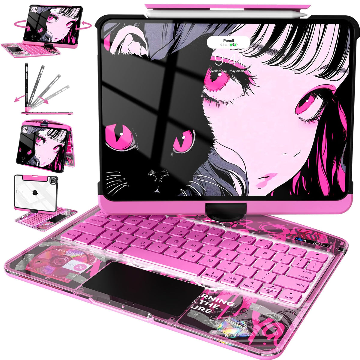 Intermerge Transparent Keyboard Case for iPad Pro 13"(M5,2025/ M4,2024), 360° Swivel Multi-Touch Trackpad, 7-Color RGB Backlit, Pencil Holder, Type-C, Power Indicator, Aqua Pulse