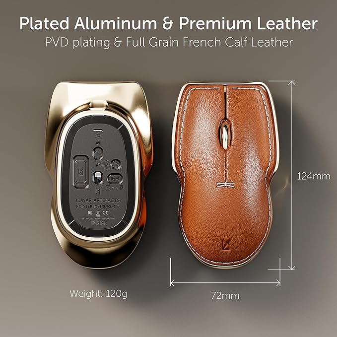 LUNAR ARTEFACTS Ambidextrous Rechargeable Bluetooth Wireless Computer Mouse Brown French Leather and Aluminum, Qi Enabled USB-C