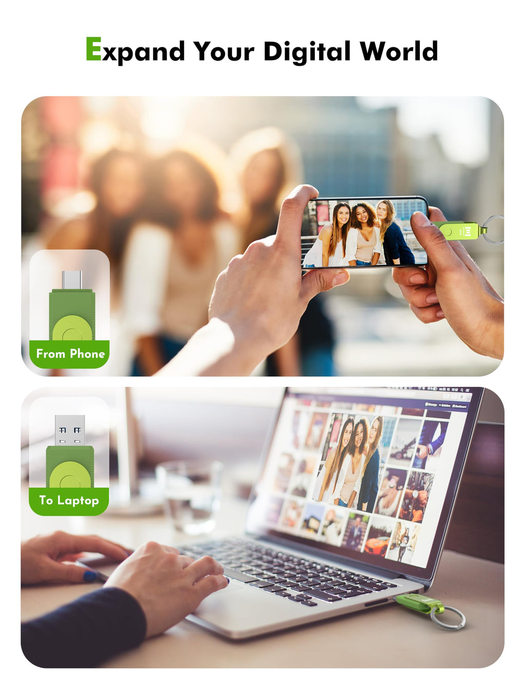 MOSDART 256GB USB C & A 3.2 150MB/s Dual Flash Drive with Keychain, Green