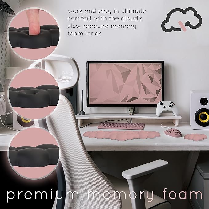 Qloud Cloud Wrist Rest Keyboard Wrist Rest for Computer Keyboard Pad, Cloud Keyboard Wrist Rest, Wrist Pad for Keyboard, Memory Foam, Non Slip Base, Comes with Mouse Pad - Pastel Pink