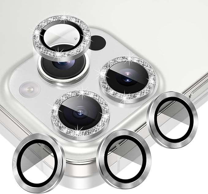 AGVEE 3+3 6 Pack for iPhone 16 Pro 6.3" / 16 Pro Max 6.9" Camera Lens Cover Protector, Bling Glitter & CD-Textured Metal Ring 9H Tempered HD Glass Camera Cover Protector Film, Glitter-Silver