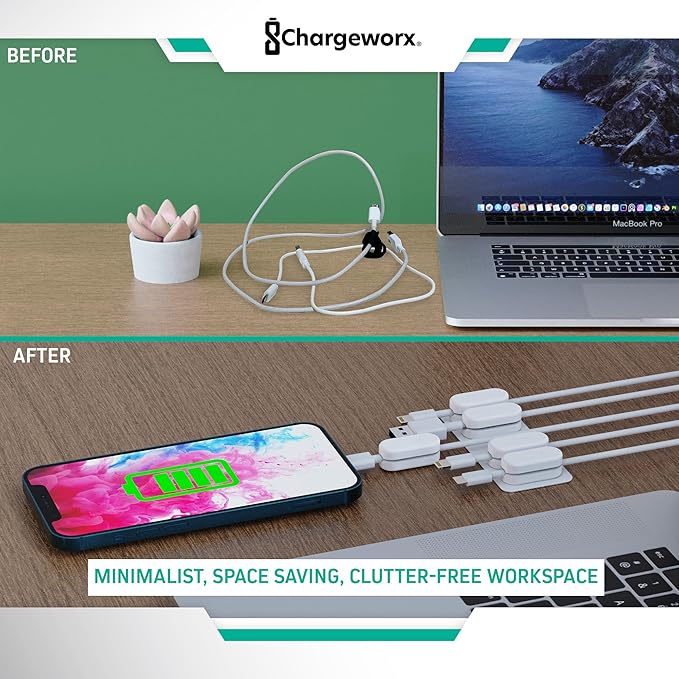 Magnetic Cable Clips [10-Pack] – Chargeworx Cord Organizer for Desk, Nightstand, Car, Wall – Strong Adhesive Wire Holder for USB-C, Lightning, Micro-USB – Tangle-Free, Snap-On, Easy Cable Management