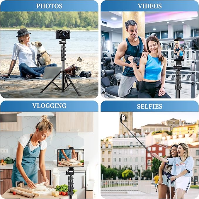 Phone Tripod, 70" Selfie Stick Tripod Stand Cell Phone Tripods with Remote Phone Holder Carry Bag, Aluminum Alloy Selfie Stick Tripods, Compatible with iPhone Samsung GoPro Smartphone